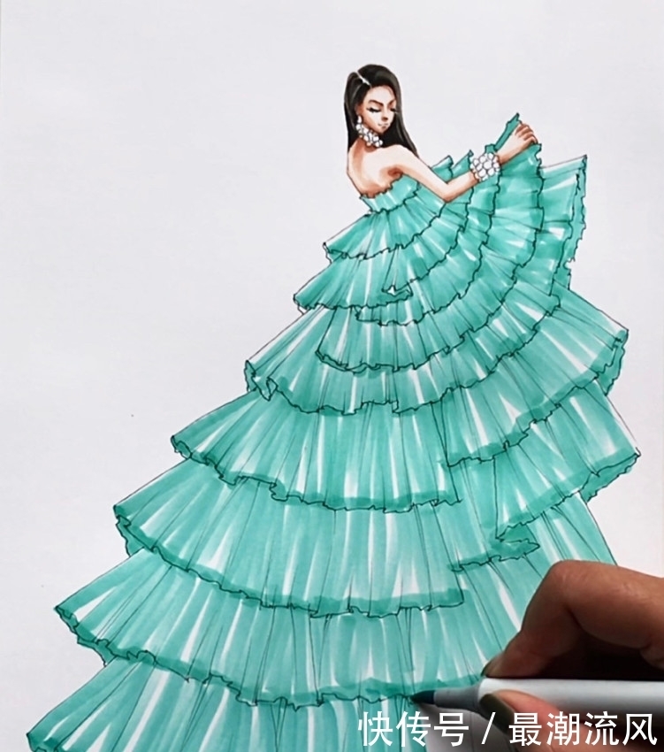 干货|超详细马克笔手绘时装画步骤干货/Tiffany Gown Part2