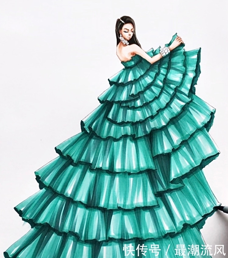 干货|超详细马克笔手绘时装画步骤干货/Tiffany Gown Part2